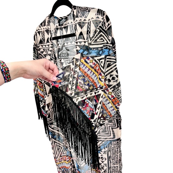 Angie NWT Aztec Print Fringe Kimono Medium Sheer Colorful Southwest Boho Flowy - Picture 8 of 16